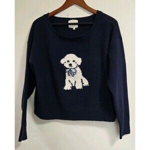 No Comment Sweater Womens M Navy Blue Dog Off Shoulder Slouchy Puppy Knit Animal
